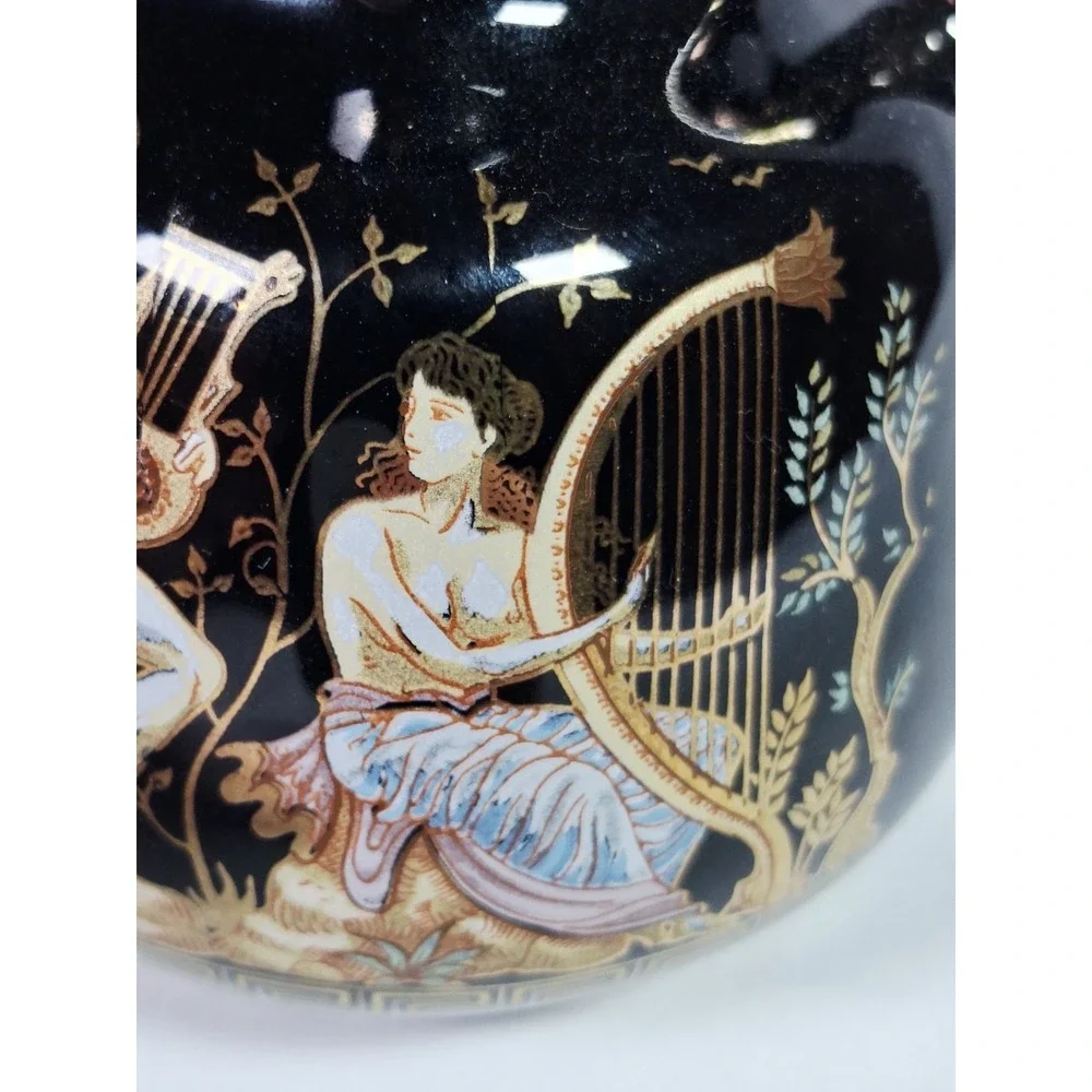 Vintage Greek Mythology Black Gold Amphora Vase‎ Double Handle Urn Harp Greece